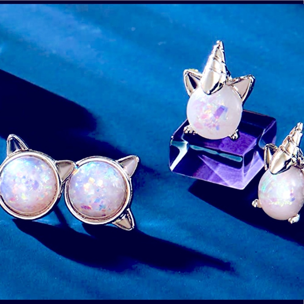 Opal Stud Unicorn & Cat Silver Earrings Set